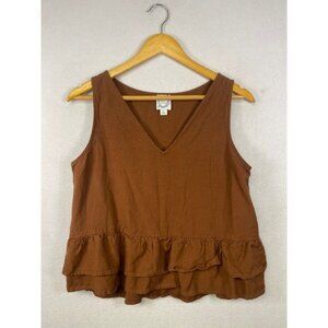 Blue Rain Brown Linen Blend Ruffled Peasant Tank Top Women's Size L